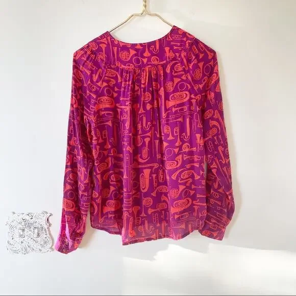 Anthropologie Toot Your Horn 22 of 52 Conversations Instrumet Shirt Blouse 2 XS - Picture 5 of 9